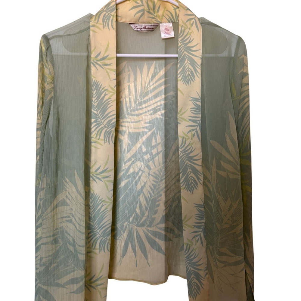 Tommy Bahama Womens Silk Palm Print Open Front Cardigan Green Yellow Small